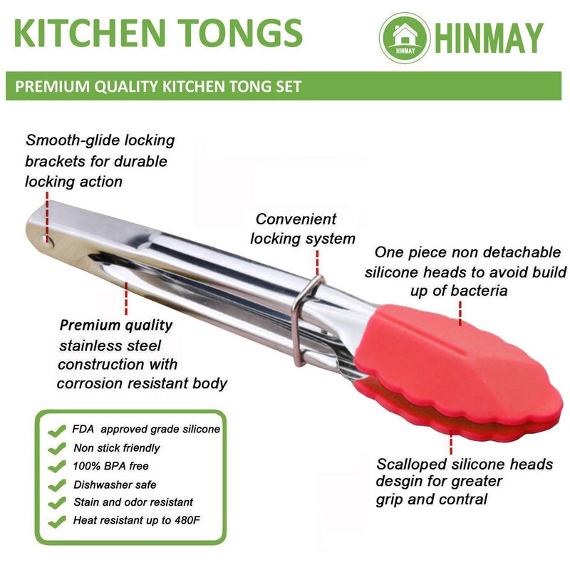HINMAY Mini Tongs with Silicone Tips 7-Inch Serving Tongs, Set of 3 (Green Red Blue) - Image 2